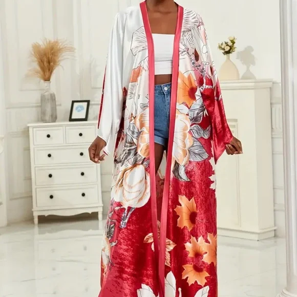 Red And White Floral Kimono Resort Vacation Wear Beach Cover Up Belted One Size - Picture 4 of 5